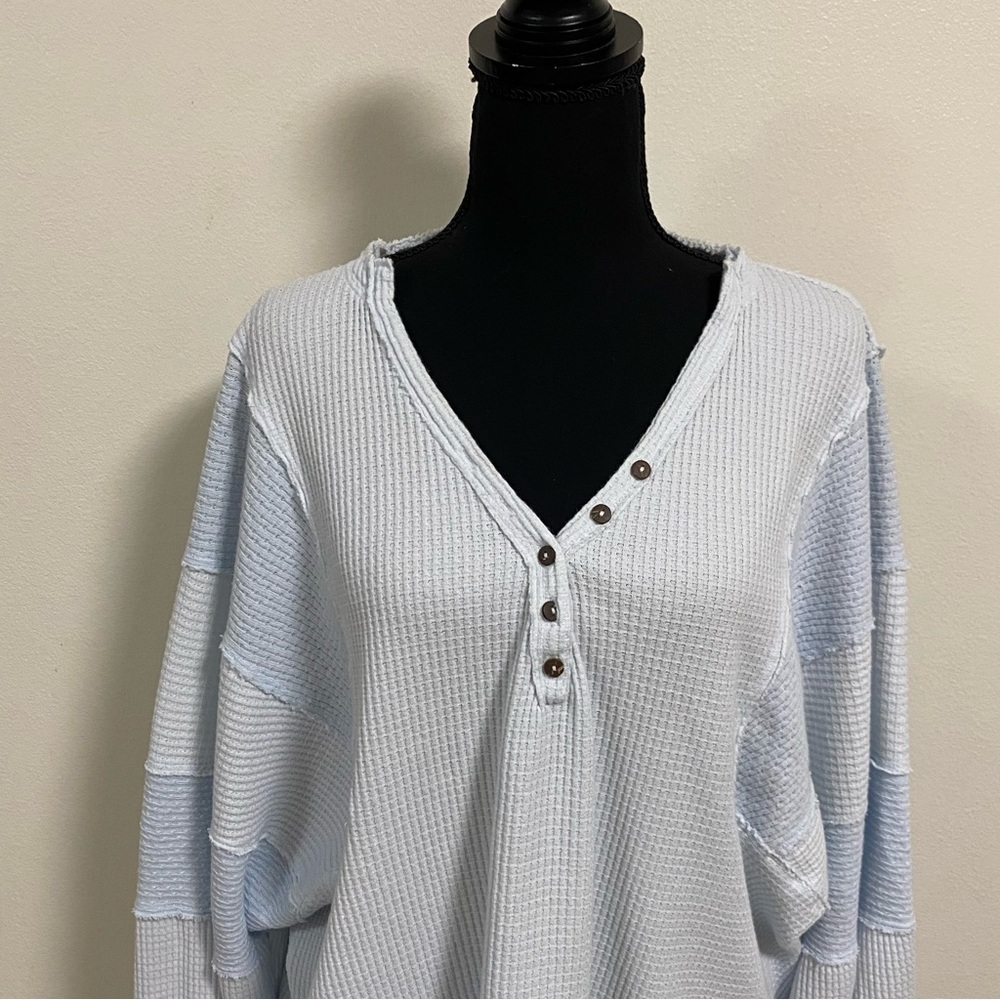 Free People Sweater Women Size Small Baby Blue Callisto Henley Patchwork sweater - Picture 2 of 16